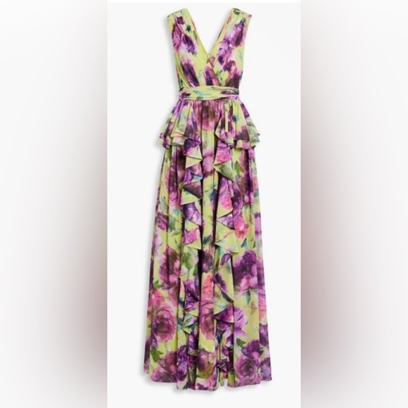 NWT Badgley Mischka Floral Ruffle V Neck Gown Purple Yellow Green 8 - Picture 2 of 16